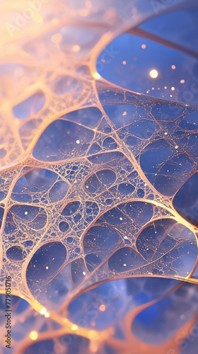 Closeup of an extracellular matrix, intricate web glowing, under a soft, focused light, complex and supportive photo