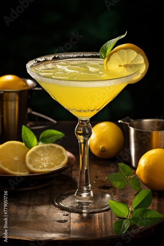 Limoncello alcoholic cocktail. Beautiful background and elegant martini glass with lemon alcoholic drink.