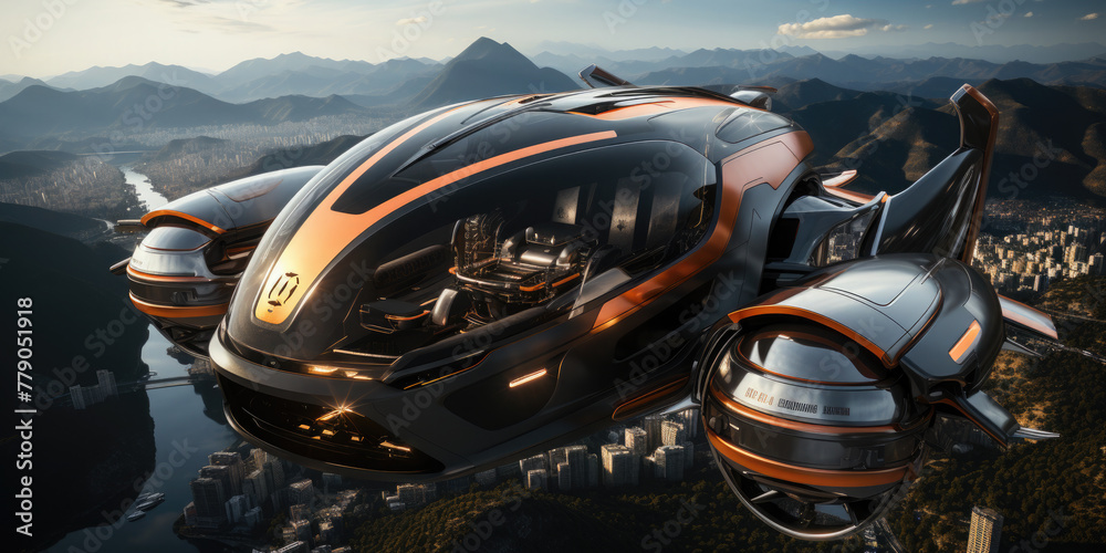 Modern future flying taxi. Unmanned aerial vehicle. Aero taxi over skyscrapers. A new era of urban air mobility. Future transportation Modern future flying taxi. Unmanned aerial vehicle. Aero taxi over skyscrapers. A new era of urban air mobility. Future transportation