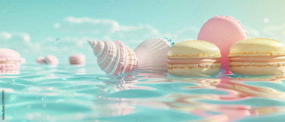 A tranquil macaron lagoon, with pastel-colored shells floating atop minty blue waters, 3D illustration A tranquil macaron lagoon, with pastel-colored shells floating atop minty blue waters, 3D illustration
