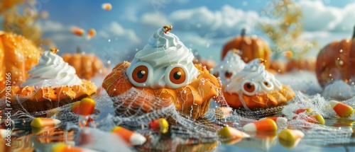 A spooky land of pumpkin pie patches, with whipped cream cobwebs and candy corn critters, 3D illustration