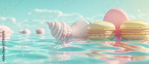 A tranquil macaron lagoon, with pastel-colored shells floating atop minty blue waters, 3D illustration