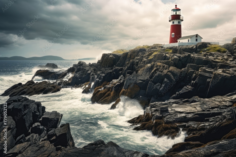 A lighthouses, An array of lighthouses along a rocky coastline, AI generated
