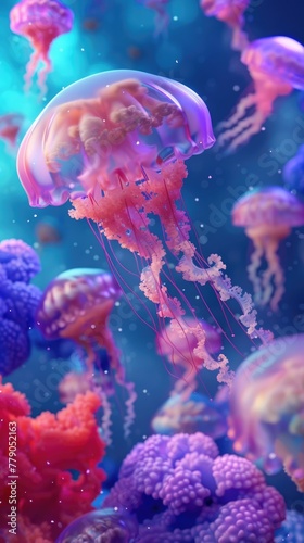 An underwater world of jello jellyfish, floating in a sea of blueberry compote, 3D illustration