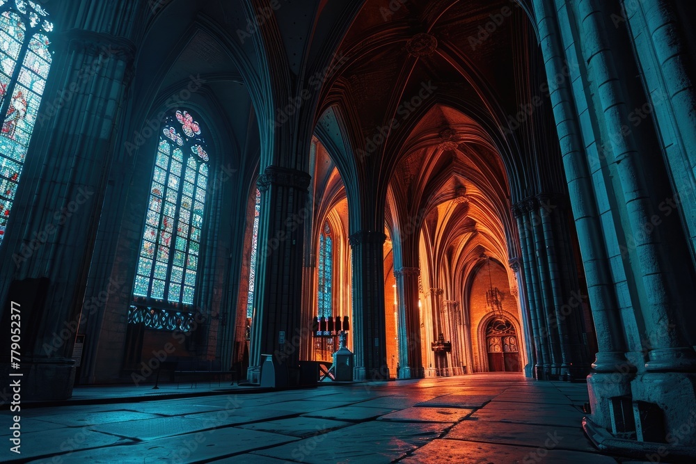 A cathedral interior, An atmospheric gothic cathedral interior, bathed in dimmed, colored light, AI generated