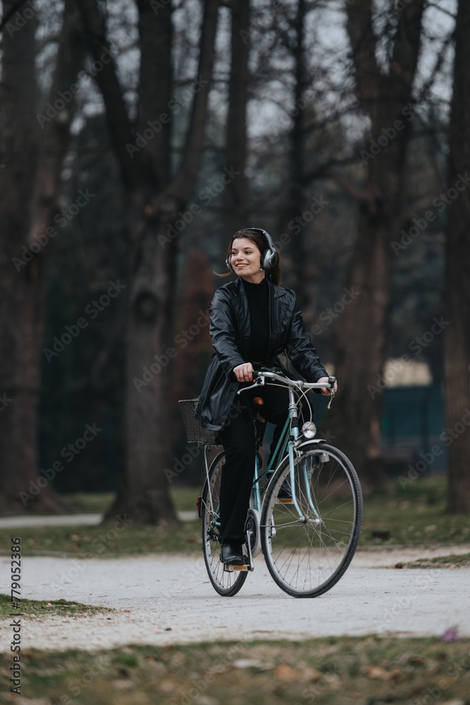 Elegant and confident young woman enjoys a leisurely bike ride through an urban park on her stylish bicycle.