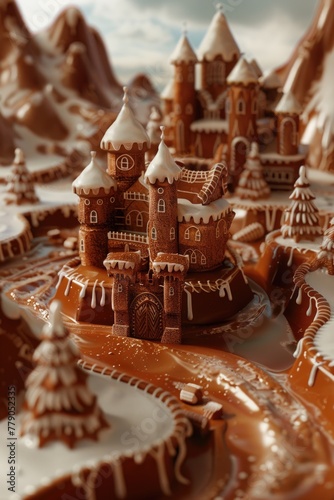 A mystical land of gingerbread castles, surrounded by moats of hot chocolate, 3D illustration