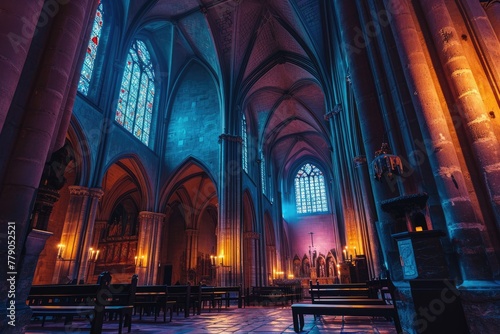 A cathedral interior, An atmospheric gothic cathedral interior, bathed in dimmed, colored light, AI generated