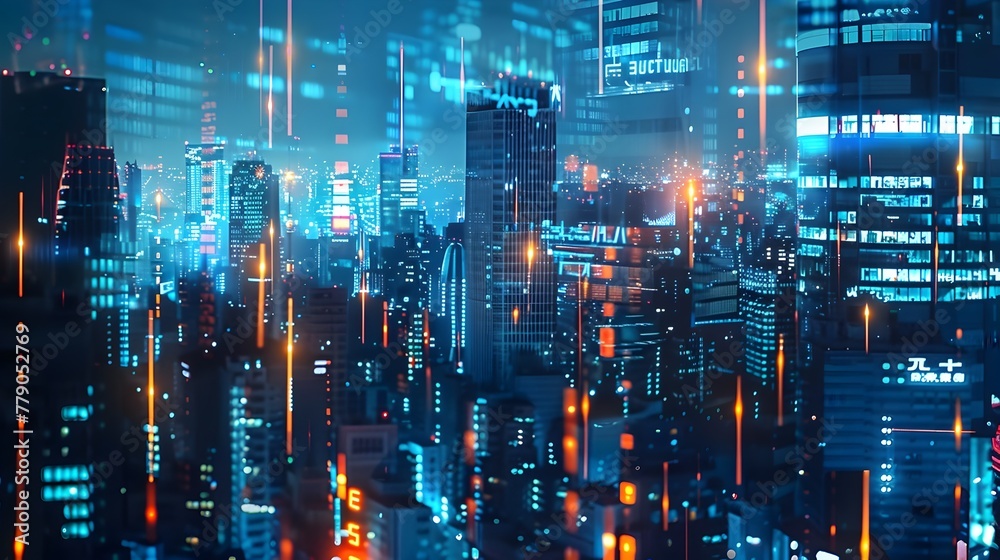 Captivating Cityscape of Illuminated Skyscrapers and Futuristic Urban Landscape at Nightfall