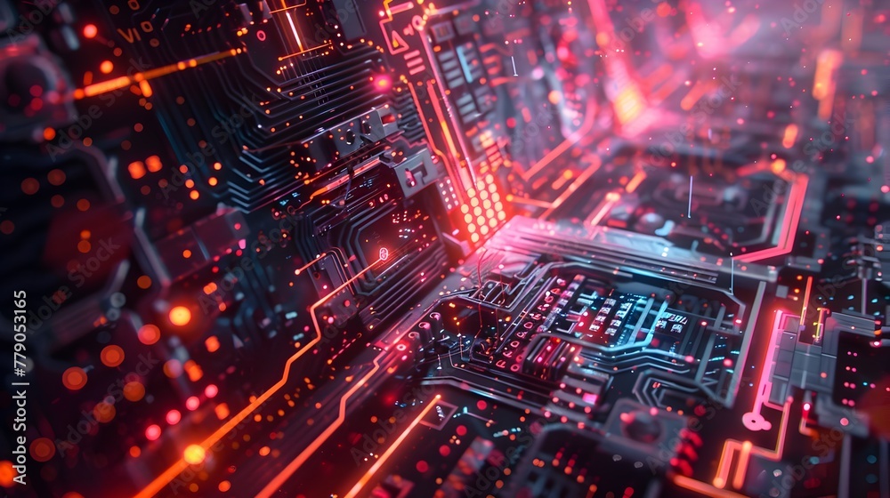Vibrant Cyberpunk-Inspired Circuit Board Landscape Showcasing Advanced Digital Technology and Connectivity