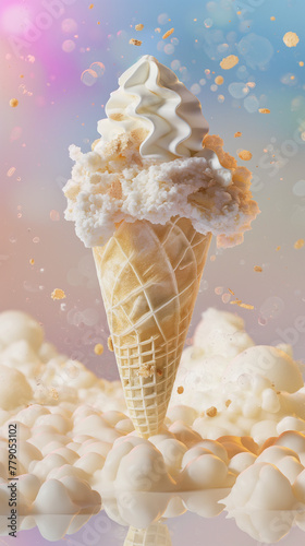 Fantasy vanilla ice cream cone with magical golden sprinkles, perfect for advertising a new dessert or for use in a festive event poster