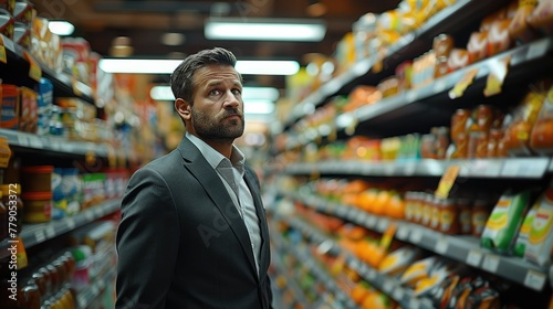 A male professional wearing a suit grocery shopping, thinking of things he might have forgotten. Generative AI. © visoot