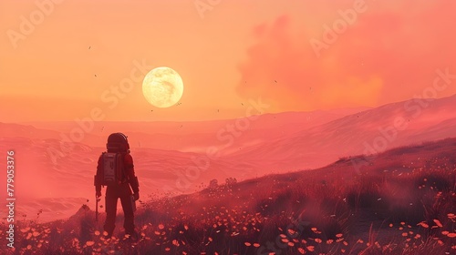 Adventurous Silhouette Hiker Explores Majestic Mountain Sunset Landscape with Glowing Moon