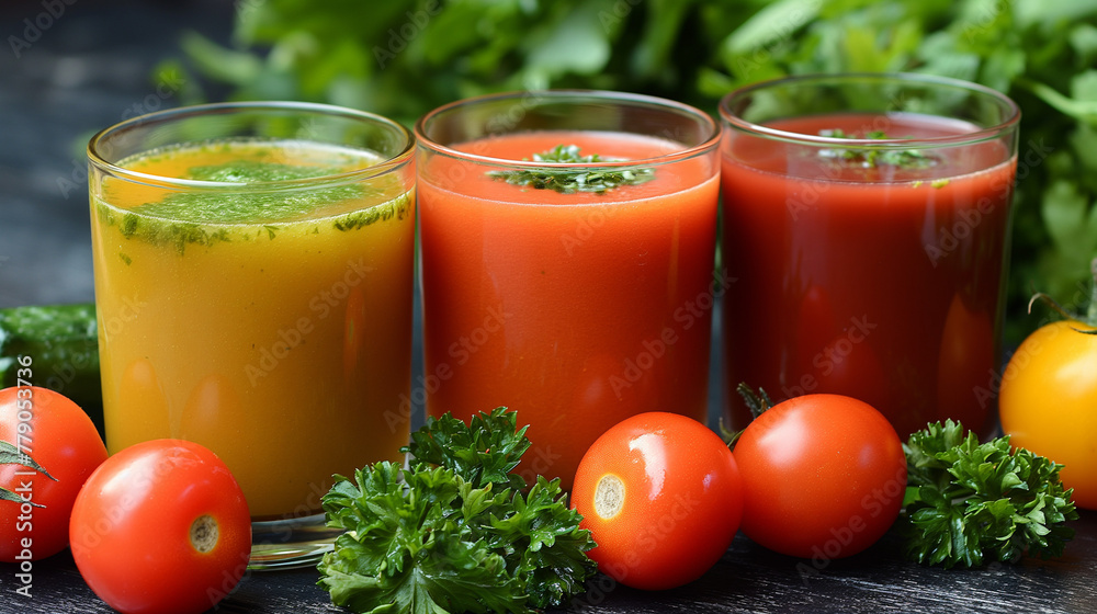 Glasses with fresh organic vegetable and fruit juices. Detox diet. assortment of vegetable juices Glasses with fresh organic vegetable and fruit juices. Detox diet. assortment of vegetable juices