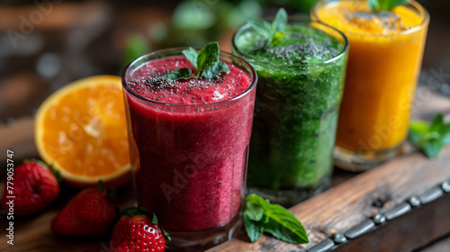 Colorful smoothie, healthy detox vitamin diet. Vegan drinks with fresh fruits. 
