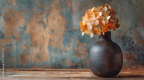 Placed on a wooden surface is a black ceramic vase holding a dried hydrangea bloom.