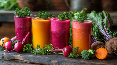 Glasses with fresh organic vegetable and fruit juices. Detox diet. assortment of vegetable juices photo