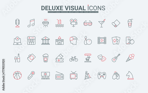 Entertainment event, leisure thin black and red line icons set vector illustration. Outline public museum and cinema theater symbols, fun music party and show, ticket for movie and microphone © Iconic Prototype