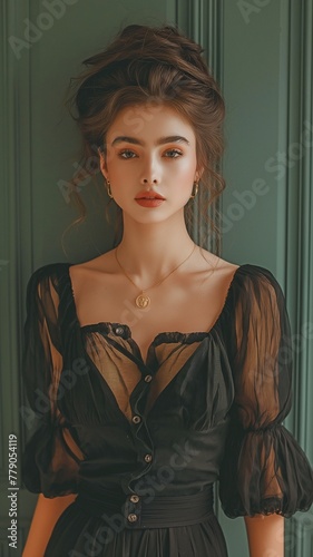 Posing at her full height is a sophisticated young lady dressed in classic attire.