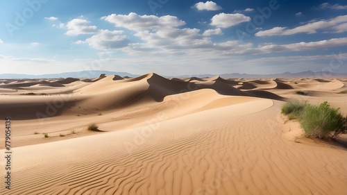undulating curves of sand dunes, devoid of footprints. Convey a sense of vastness and solitude