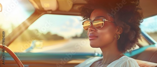 a joyful black woman operating an automobile photo