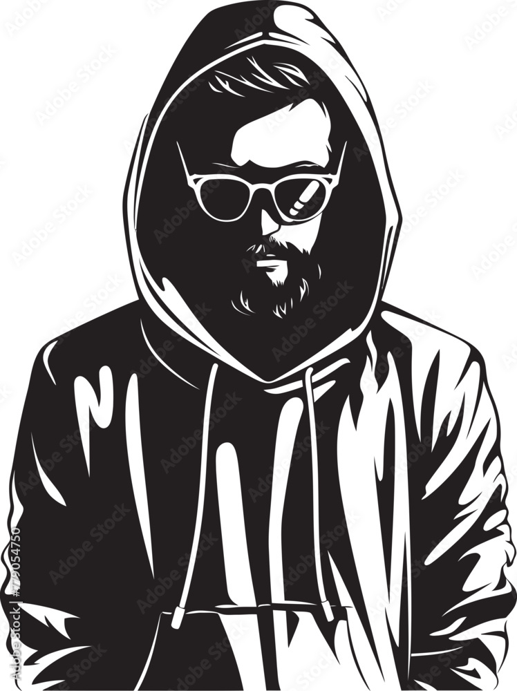 Spectral Strategist Stylish Man in Hood and Glasses Vector Emblem Stealthy Stare Urban Figure with Glasses Vector Logo Design