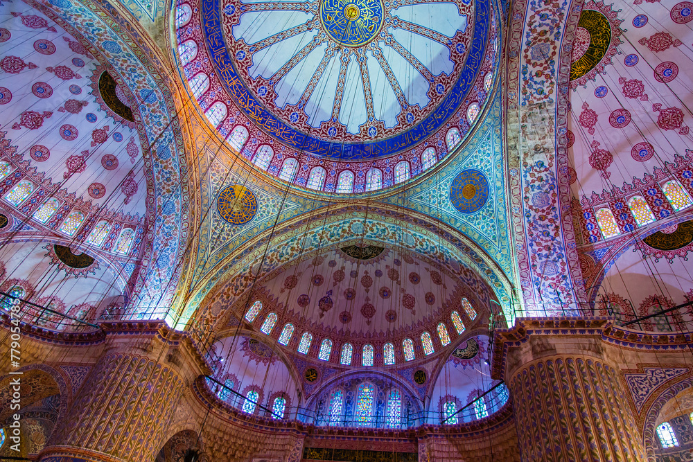 Istanbul, Turkey - March 23 2014: The splendid mosaic tiles decorated dome in Blue Mosque in Istanbul