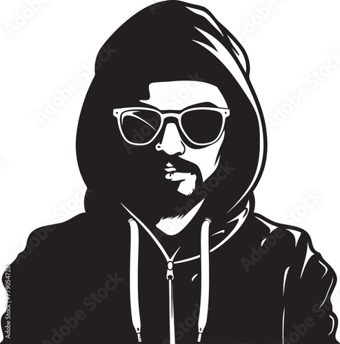 Urban Incognito Hipster Man in Hood and Glasses Vector Icon Spectral Strategist Stylish Man in Hood and Glasses Vector Emblem