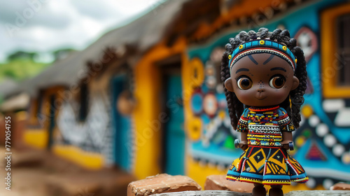 Chibi character of a South African child with braids painting Ndebele art on the walls of a house photo