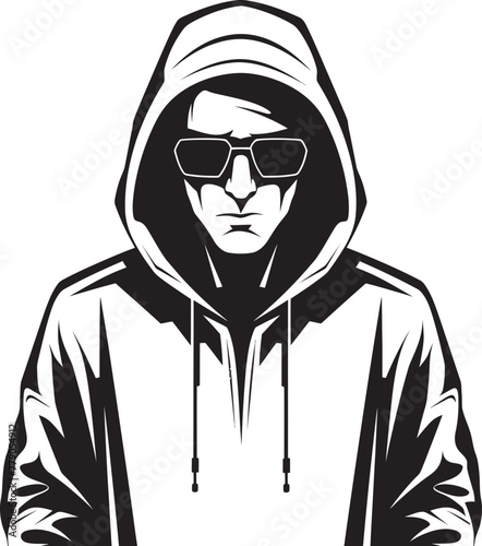 Noir Identity Stylish Man in Glasses Vector Logo Stealth Sentinel Hooded Man with Glasses Emblem