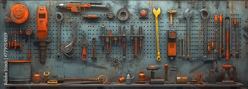 An assortment of hand tools for mechanics shown on a tool board photo