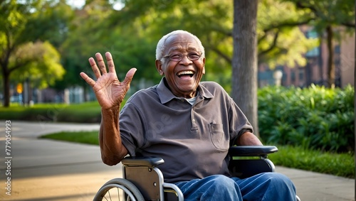 An elderly African American man in a wheelchair laughs and waves his arm