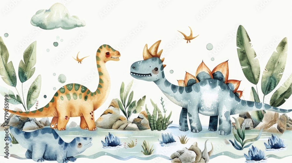 A cartoon ensemble of aquatic dinosaurs, playfully splashing in an ancient sea, depicted in watercolor on a white background A cartoon ensemble of aquatic dinosaurs, playfully splashing in an ancient sea, depicted in watercolor on a white background