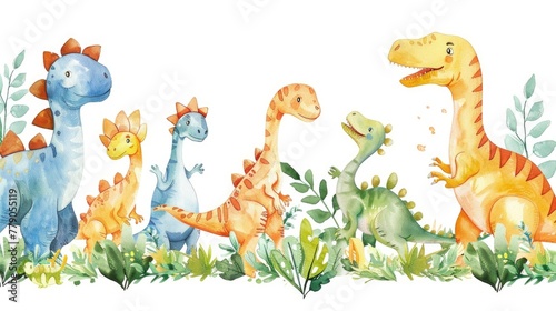 A playful cartoon scene of baby dinosaurs of various species  frolicking together  in bright watercolor on white