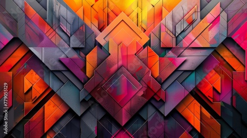 A dynamic abstract artwork with a graffiti-inspired geometric pattern, featuring a fusion of sharp angles and vibrant urban colors.