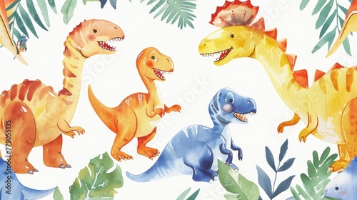 A playful cartoon scene of baby dinosaurs of various species  frolicking together  in bright watercolor on white