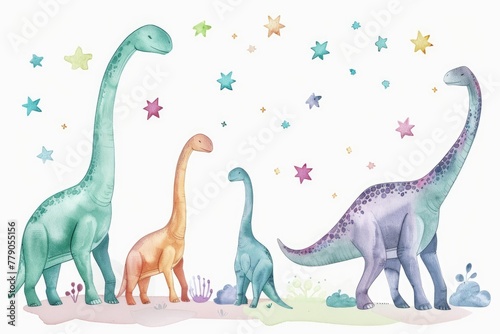 A serene cartoon family of Sauropods  with necks intertwined  watching the stars  in gentle watercolor on white