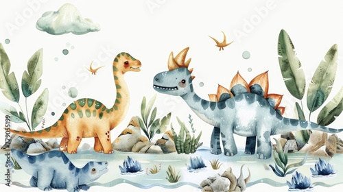 A cartoon ensemble of aquatic dinosaurs, playfully splashing in an ancient sea, depicted in watercolor on a white background © Pungu x
