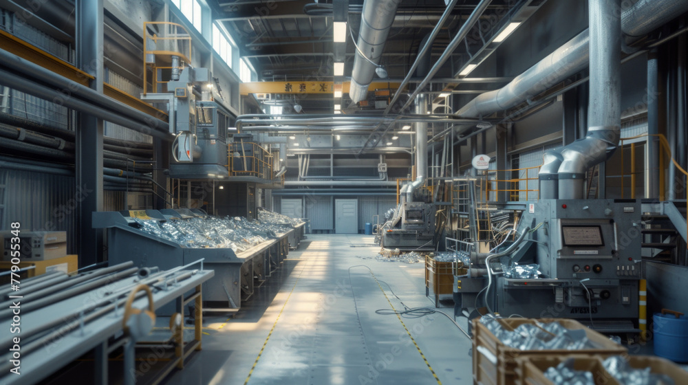A modern plastic recycling plant with sorting machines and shredders, momentarily paused but ready to recycle plastic waste into reusable materials A modern plastic recycling plant with sorting machines and shredders, momentarily paused but ready to recycle plastic waste into reusable materials