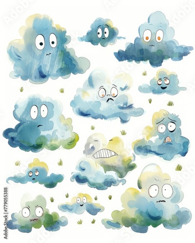 A curious cartoon collection of lenticular clouds, resembling UFOs, each with an alien peeking out, in watercolor on white