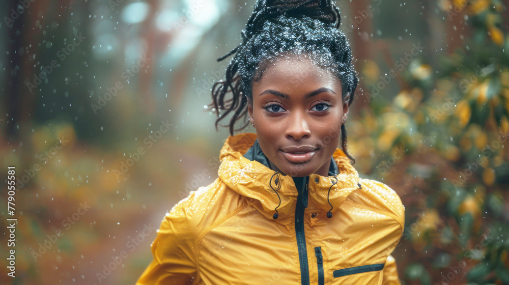 African american girl running in yellow raincoat looking at camera in park