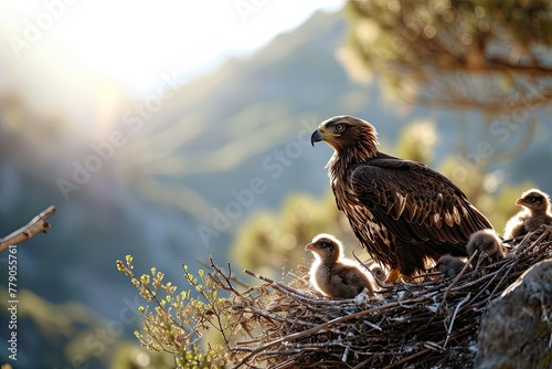 Golden eagle with chicks in a nest against a mountain backdrop