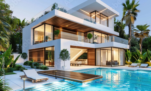 Modern two-story villa with swimming pool, white walls and wood grain windows. The house has an exterior facade