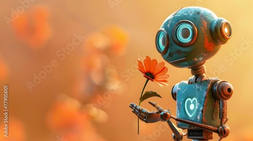 Robotic Caretaker Nurturing Vibrant Flower in Enchanting Natural Setting - A Captivating Blend of Technology and Nature