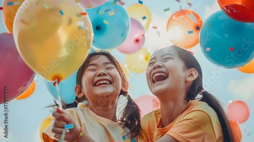 Two Joyful and Cheerful Girls Laughing and Celebrating with Colorful Balloons in a Vibrant and Festive Setting
