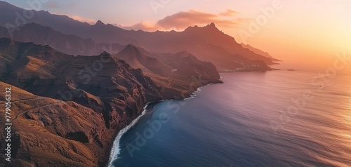 Aerial view at sunset of the seacoast in south of Tenerife created with Generative AI technology