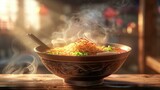 A tantalizing bowl of steaming ramen, brimming with savory broth, tender noodles, and an array of delectable toppings, all bathed in impeccable lighting that enhances the richness of flavors.

