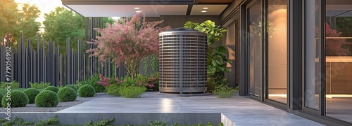 Contemporary air conditioning unit outside on a concrete slab for HVAC purposes. photo