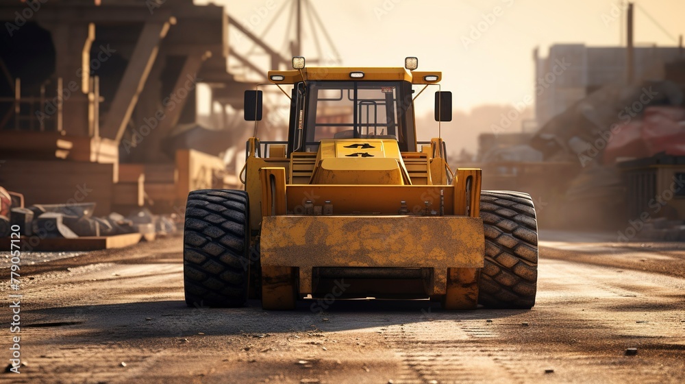 A photo of a construction site with a road roller.
