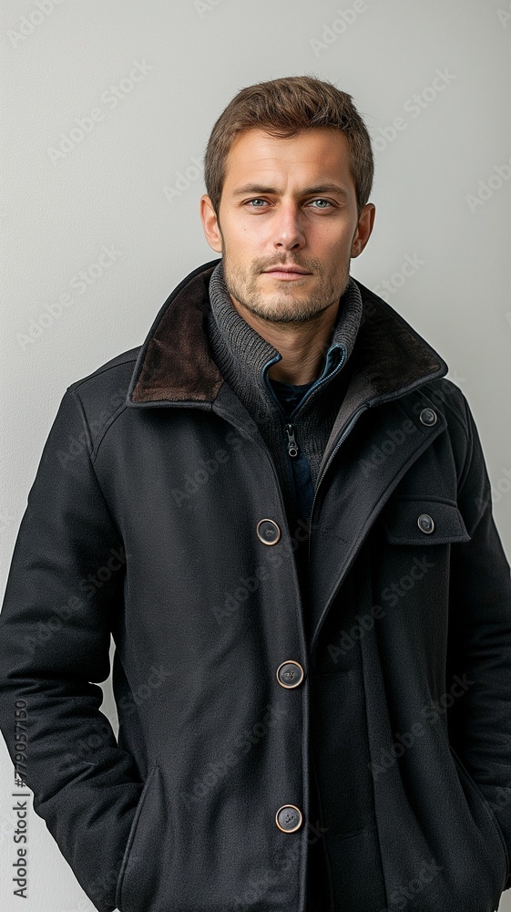 Portrait of a self-assured adult man on a white background wearing a black jacket. Portrait of a self-assured adult man on a white background wearing a black jacket.